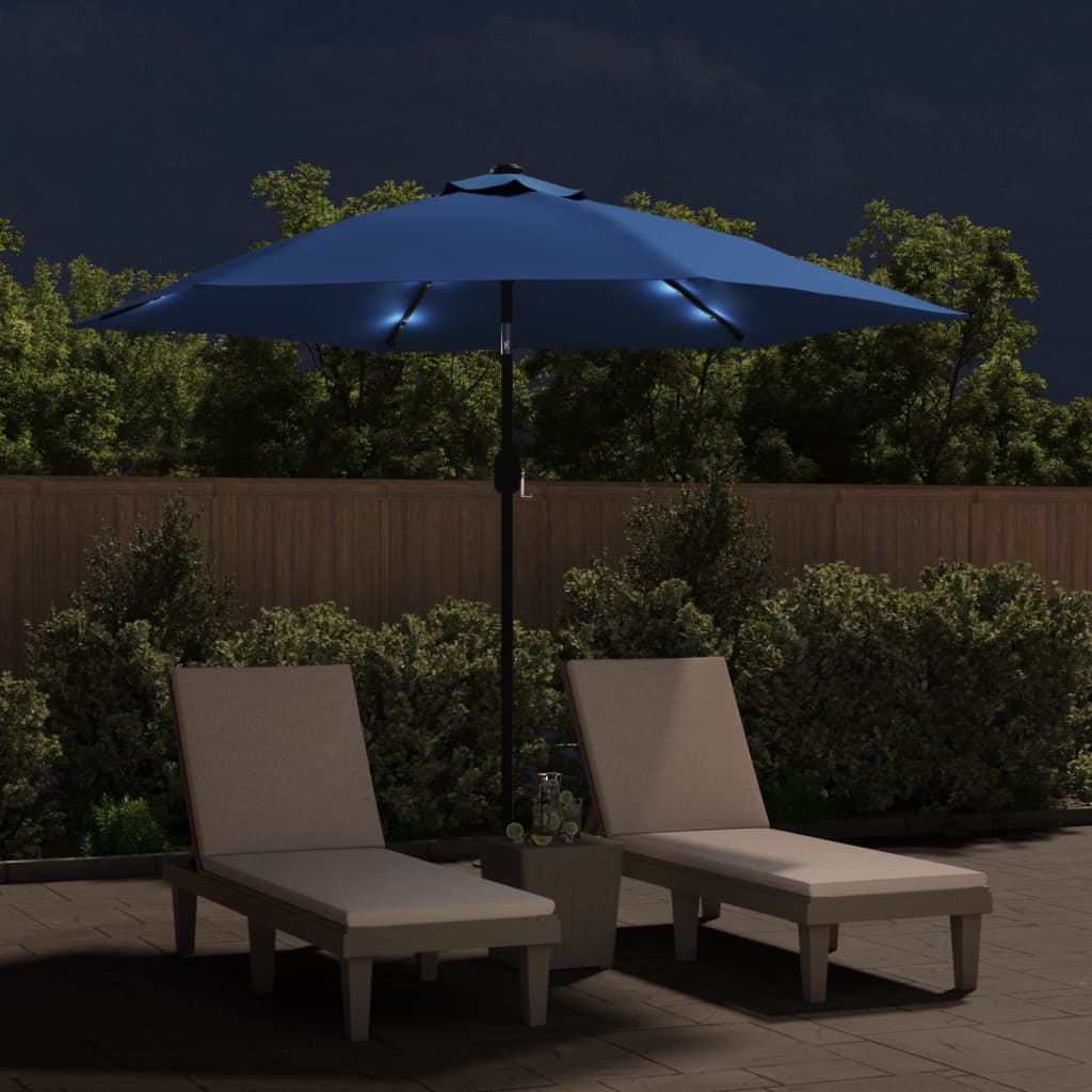 vidaXL Parasol met LED-verlichting en stalen paal 300 cm azuurblauw