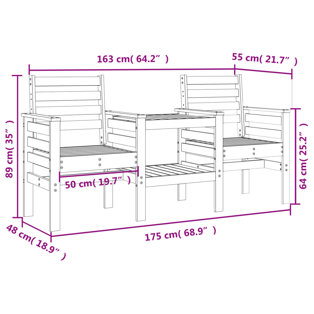 vidaXL Tuinbank met tafel 2-zits massief grenenhout zwart