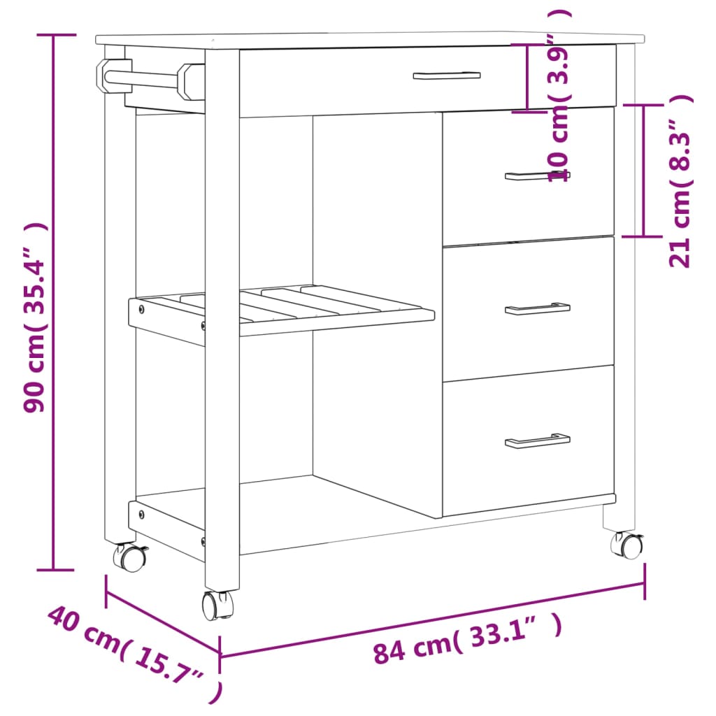 vidaXL Keukentrolley MONZA 84x40x90 cm massief grenenhout