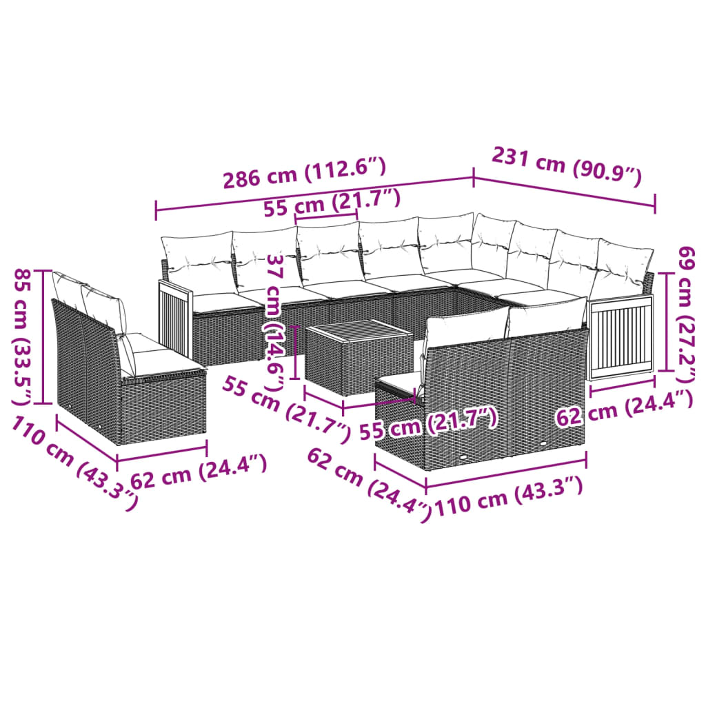 vidaXL 12-delige Loungeset met kussens poly rattan beige