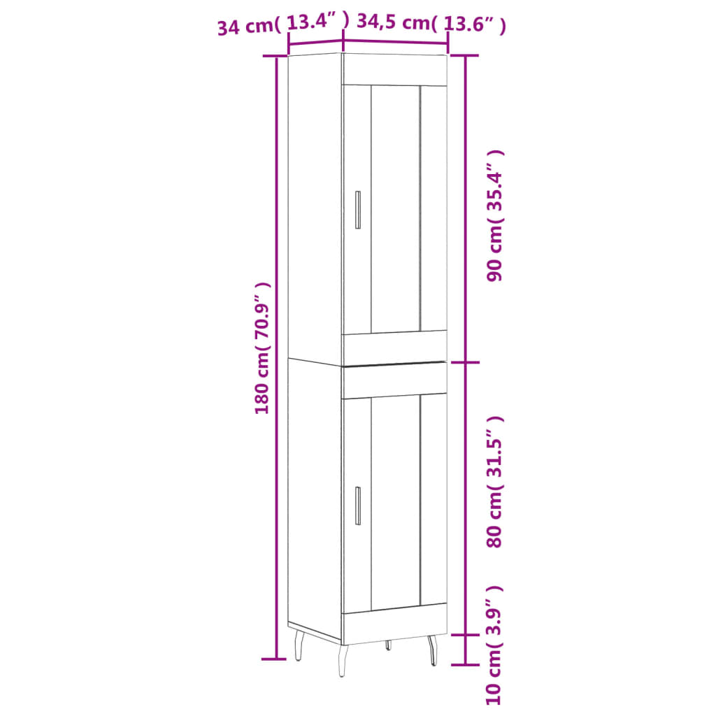 vidaXL Hoge kast 34,5x34x180 cm bewerkt hout grijs sonoma eikenkleurig