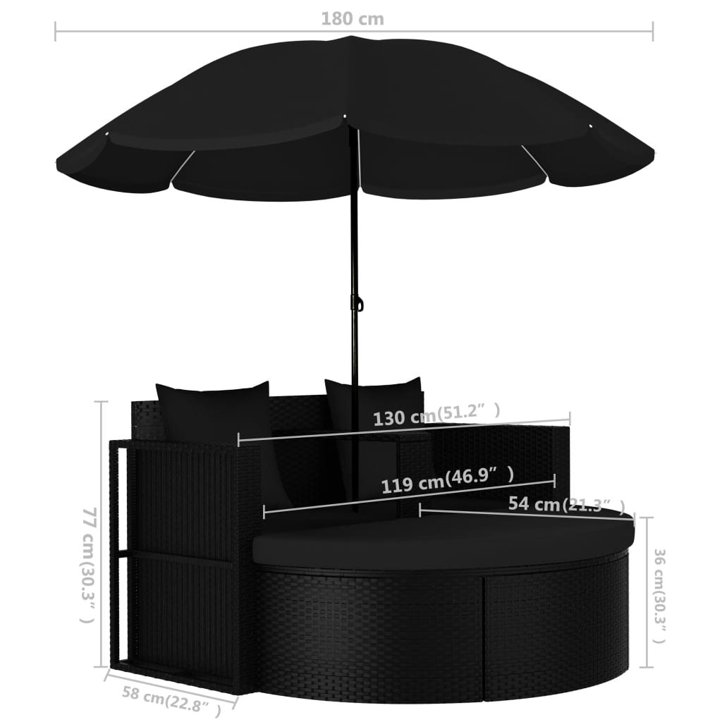 vidaXL Tuinbed met parasol poly rattan zwart