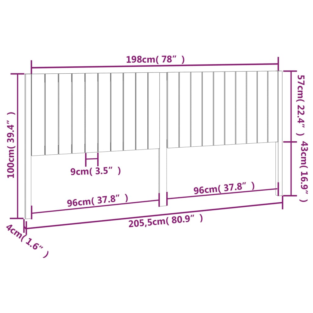 vidaXL Hoofdbord 205,5x4x100 cm massief grenenhout honingbruin