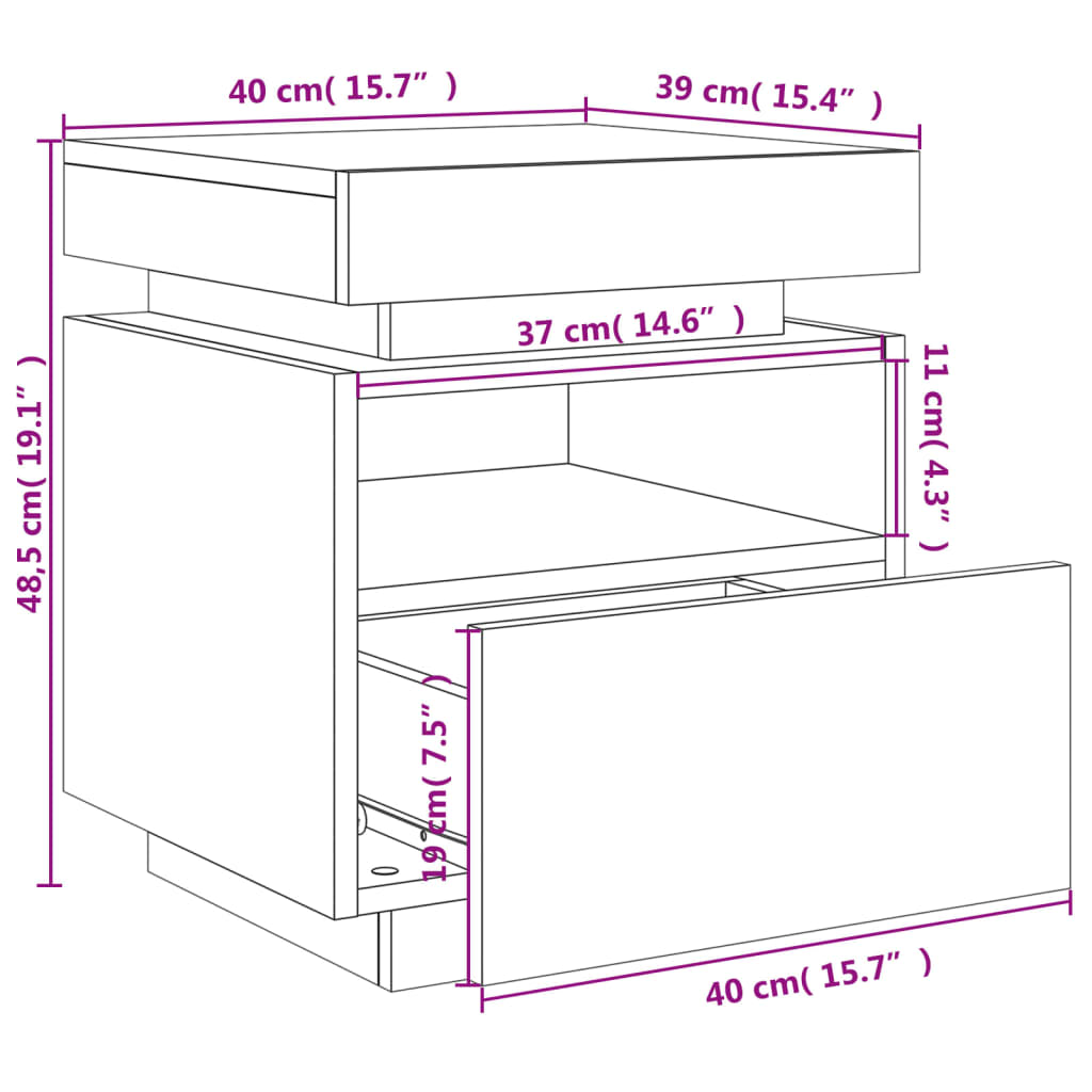 vidaXL Nachtkastje met LED-verlichting 40x39x48,5 cm sonoma eikenkleur