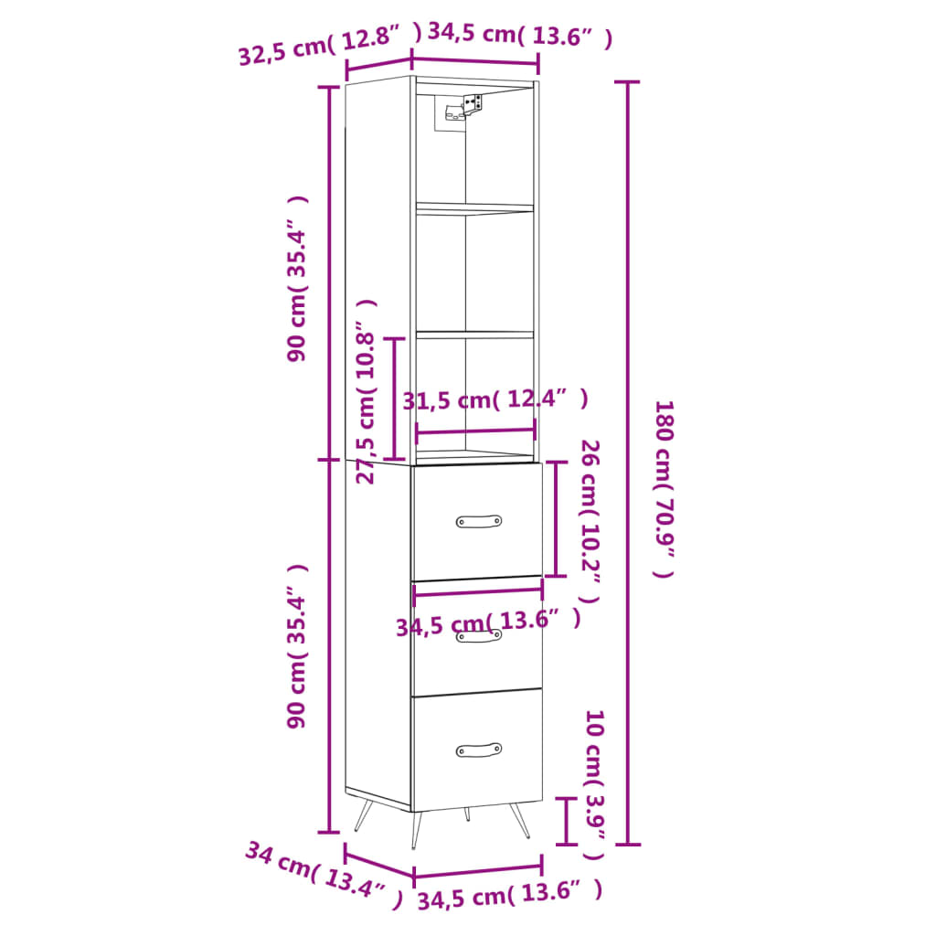 vidaXL Hoge kast 34,5x34x180 cm bewerkt hout zwart