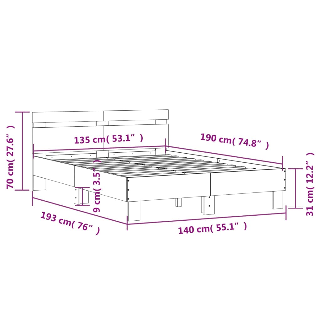 vidaXL Bedframe met hoofdeinde bewerkt hout wit 135x190 cm