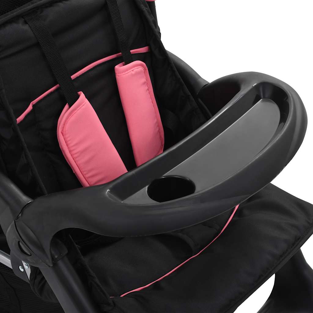 vidaXL Kinderwagen dubbel staal roze en zwart