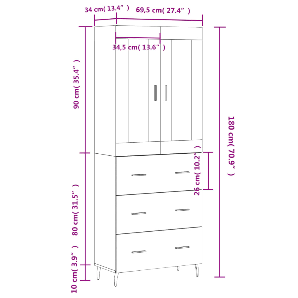 vidaXL Hoge kast 69,5x34x180 cm bewerkt hout gerookt eikenkleurig