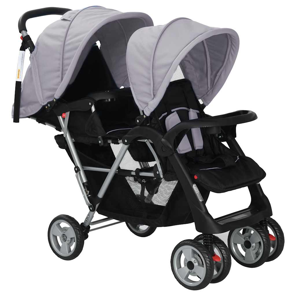 vidaXL Kinderwagen dubbel staal grijs en zwart