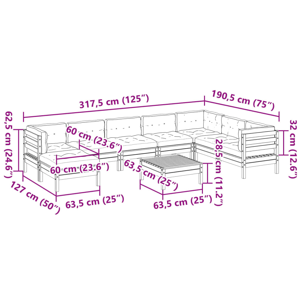 vidaXL 9-delige Loungeset met kussens massief grenenhout wasbruin