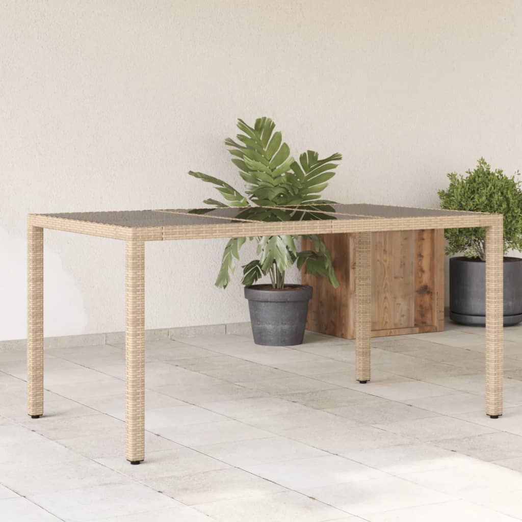 vidaXL Tuintafel met glazen blad 150x90x75 cm poly rattan beige