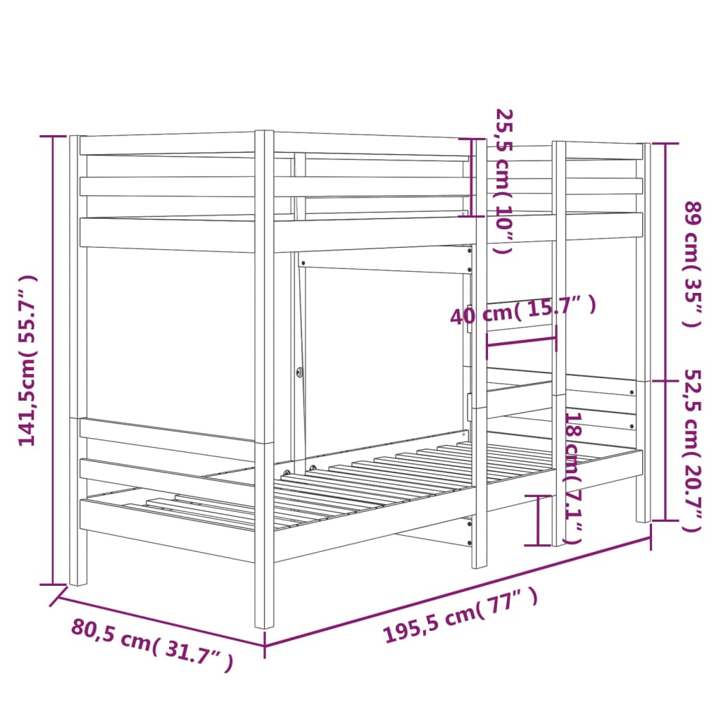 vidaXL Stapelbed massief grenenhout 75x190 cm