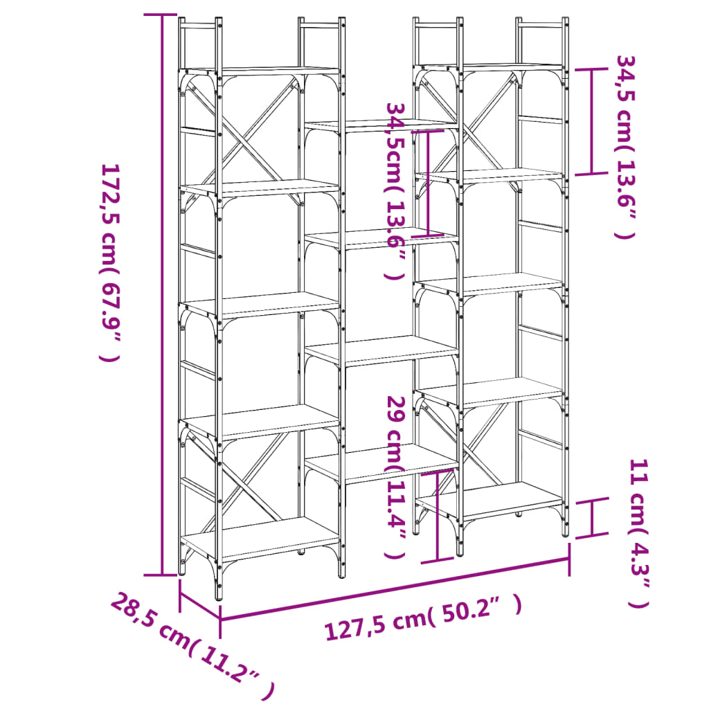 vidaXL Boekenkast 127,5x28,5x172,5 cm bewerkt hout sonoma eikenkleurig