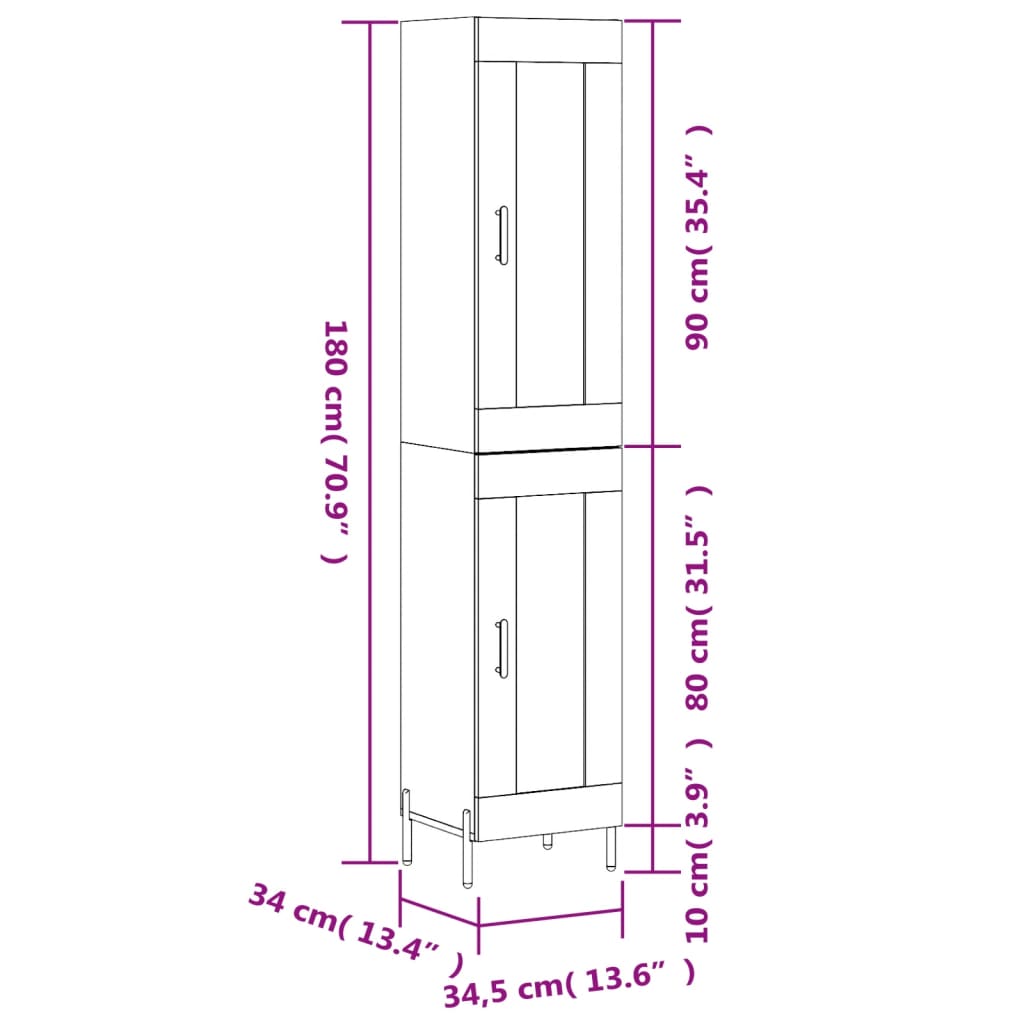 vidaXL Hoge kast 34,5x34x180 cm bewerkt hout gerookt eikenkleurig