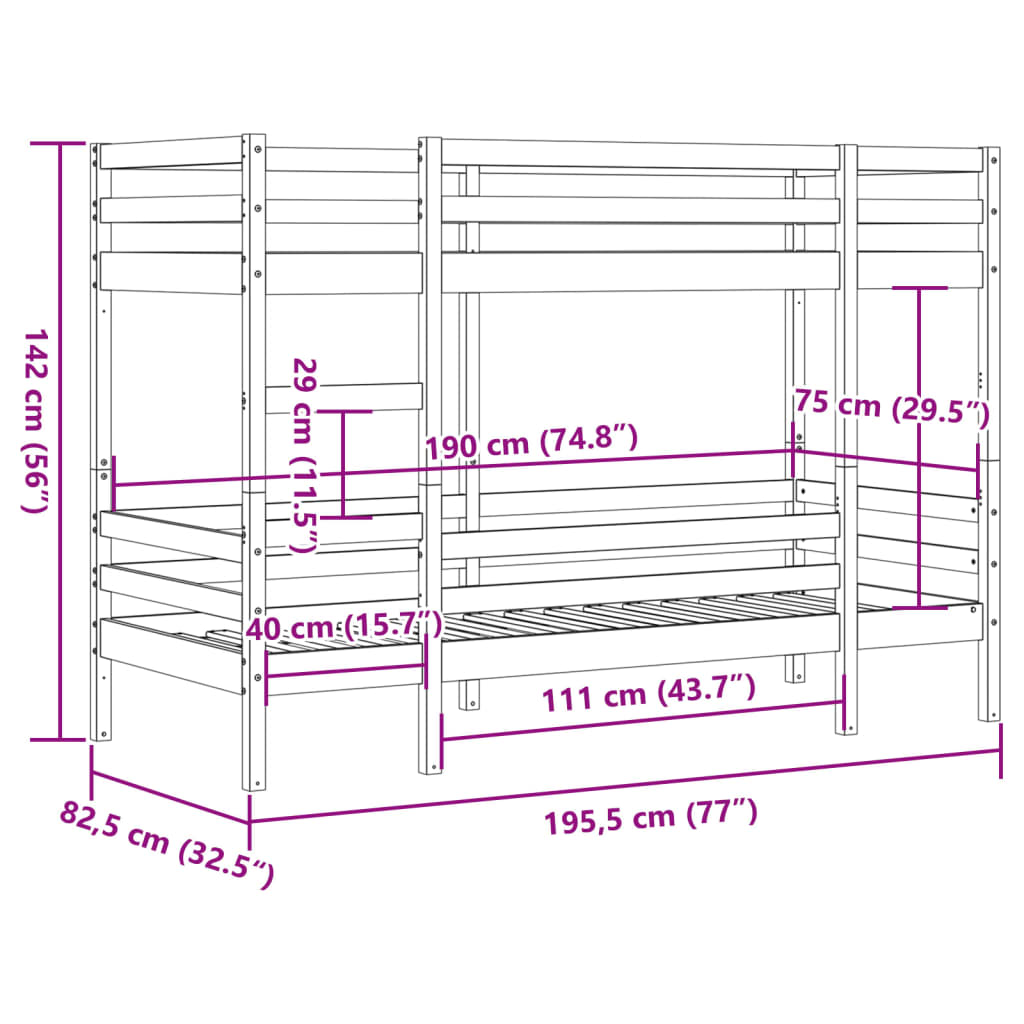 vidaXL Stapelbed 75x190 cm massief grenenhout wit