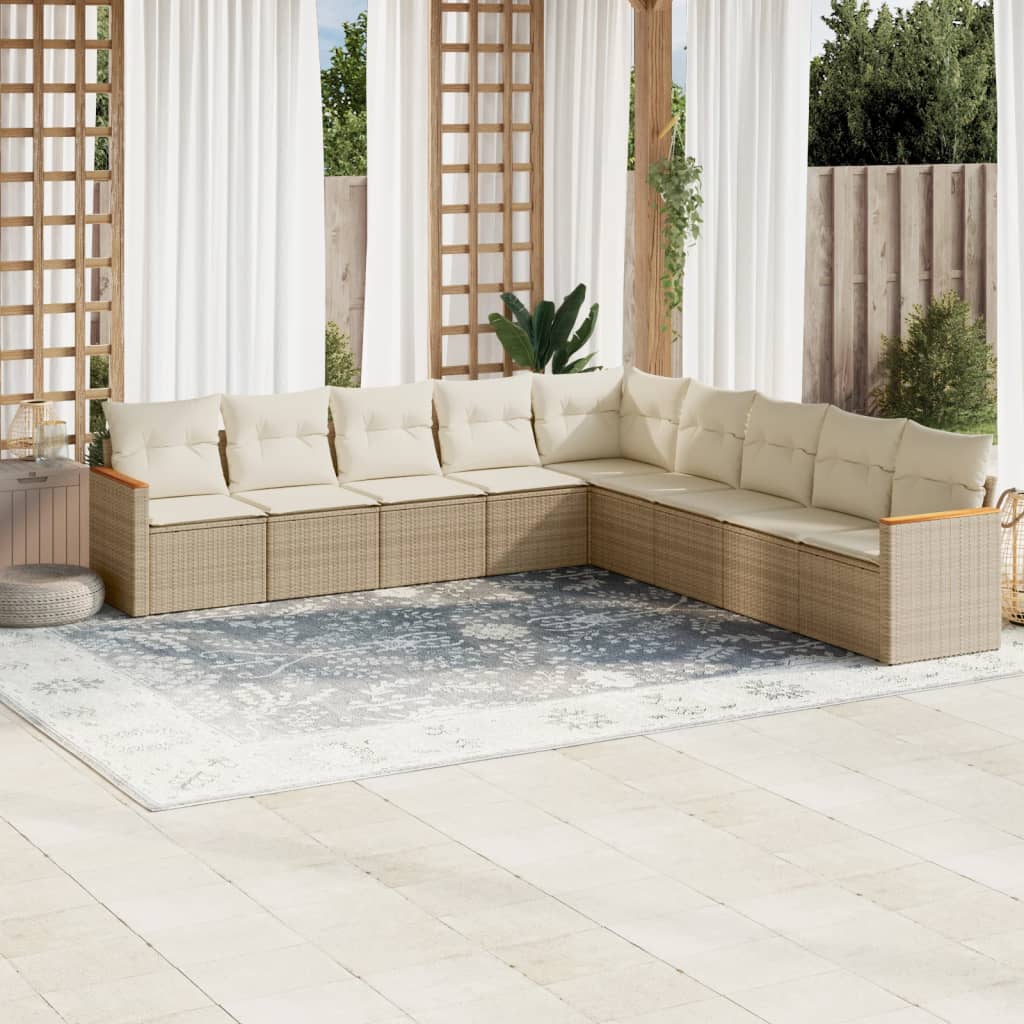 vidaXL 9-delige Loungeset met kussens poly rattan beige