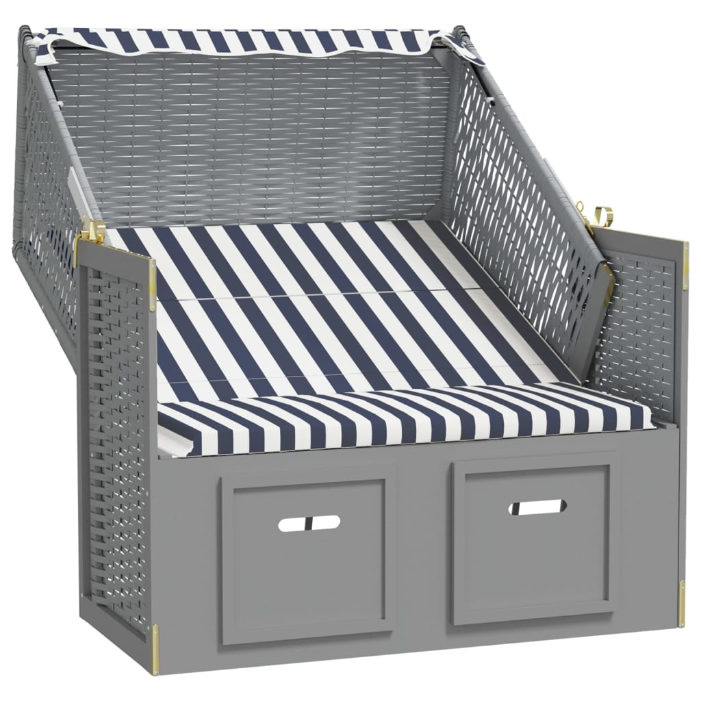 vidaXL Strandstoel met luifel poly rattan en massief hout blauw en wit