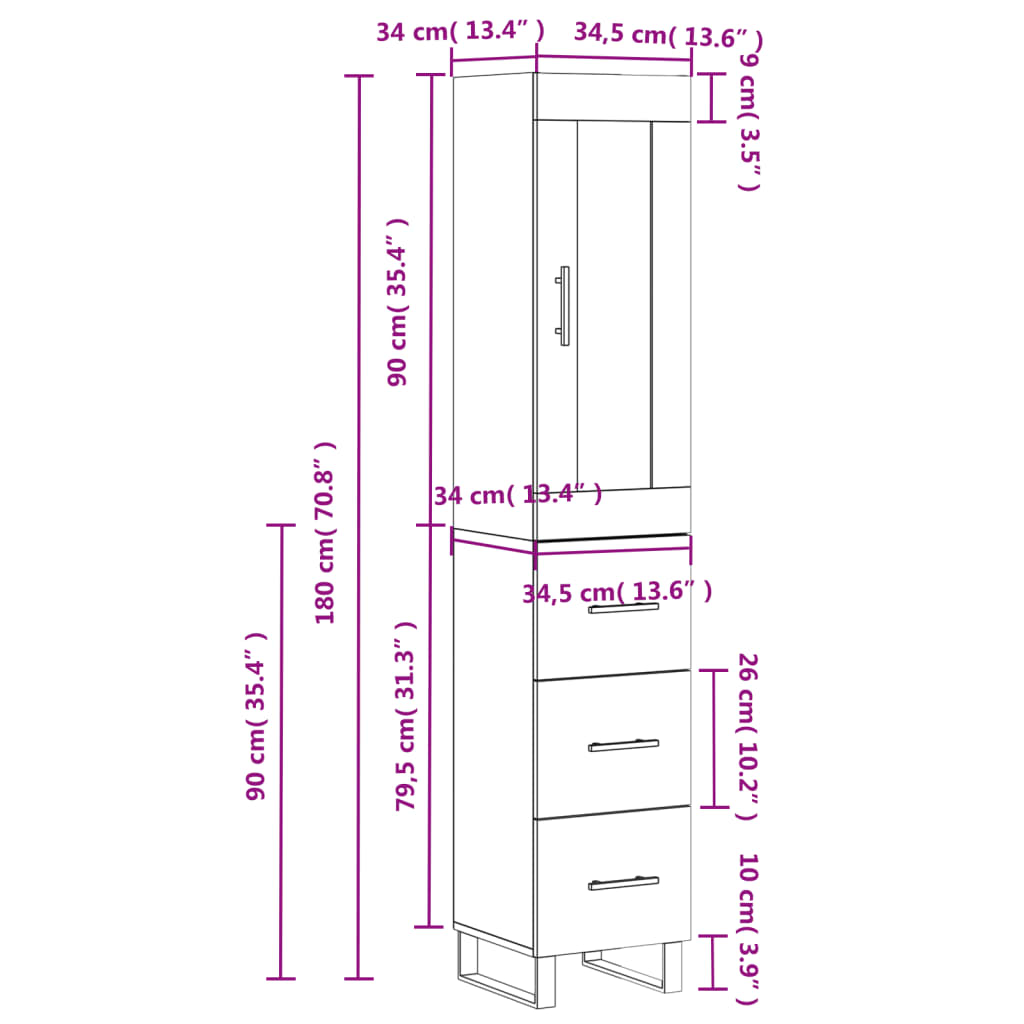 vidaXL Hoge kast 34,5x34x180 cm bewerkt hout grijs sonoma eikenkleurig