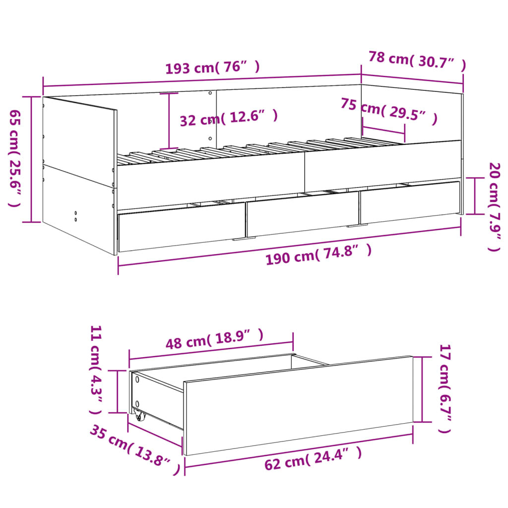 vidaXL Slaapbank met lades zonder matras 75x190 cm bruin eikenkleurig