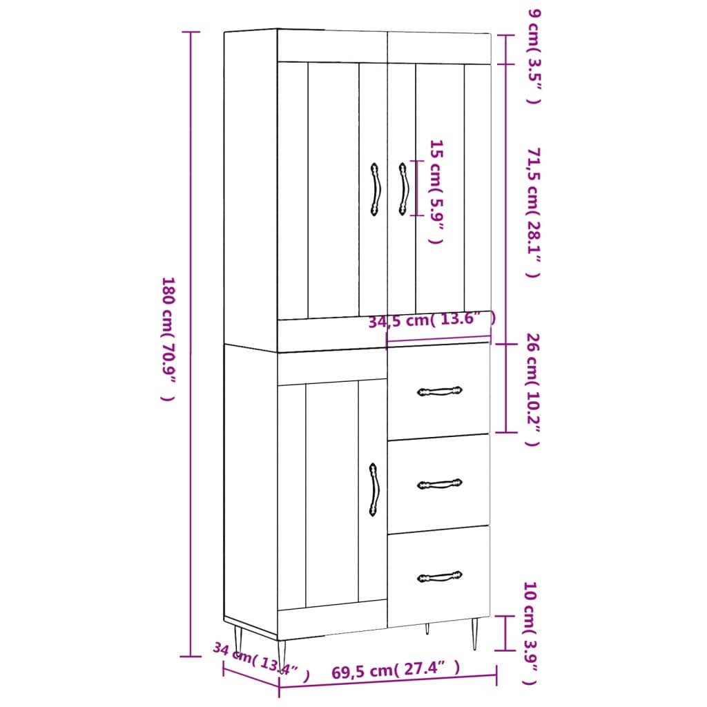 vidaXL Hoge kast 69,5x34x180 cm bewerkt hout wit