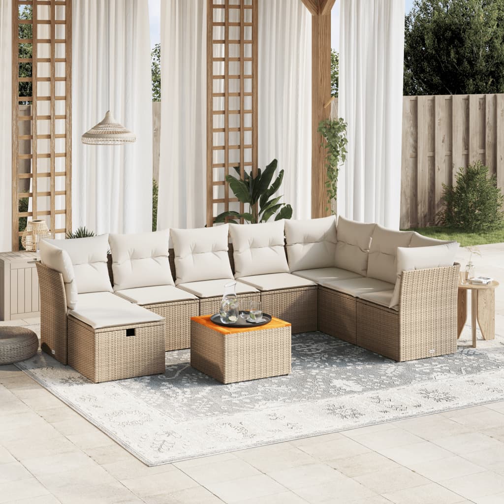 vidaXL 9-delige Loungeset met kussens poly rattan beige