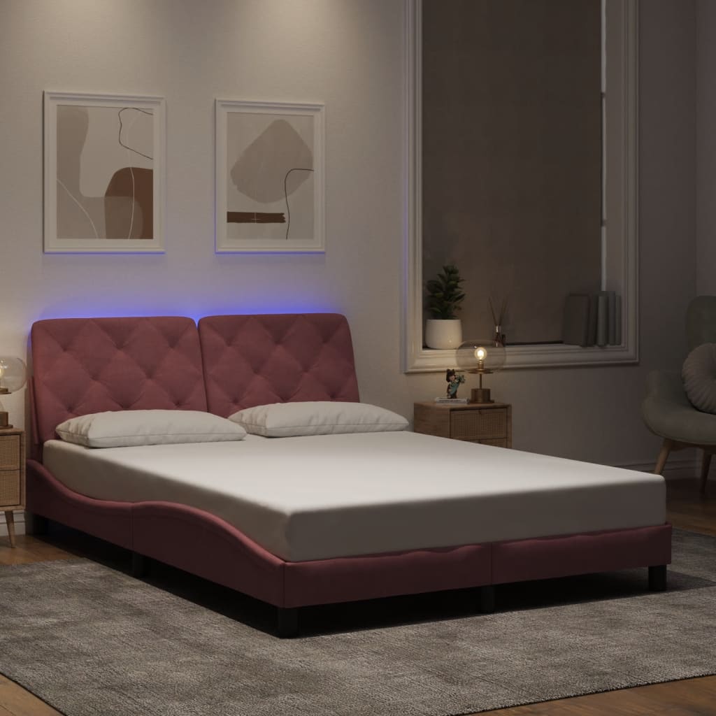 vidaXL Bedframe met LED-verlichting fluweel roze 140x190 cm