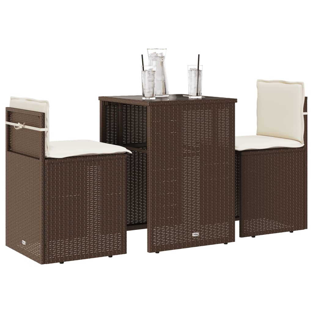 vidaXL 3-delige Bistroset met kussens poly rattan bruin