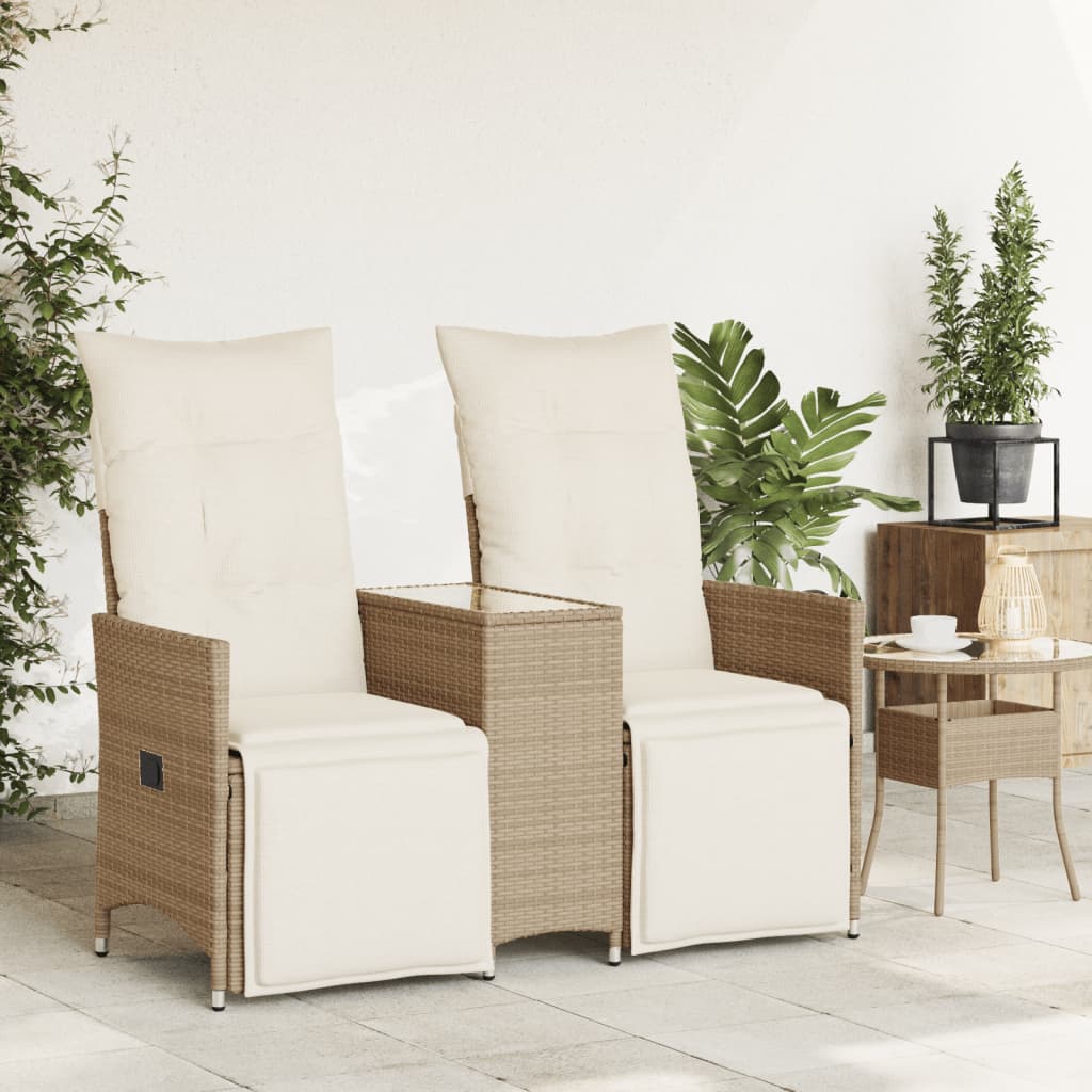 vidaXL Tuinbank 2-zits verstelbaar met tafel poly rattan beige