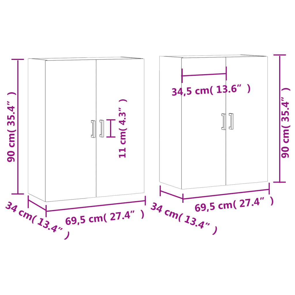 vidaXL Hangkasten 2 st 69,5x34x90 cm grijs sonoma eikenkleurig