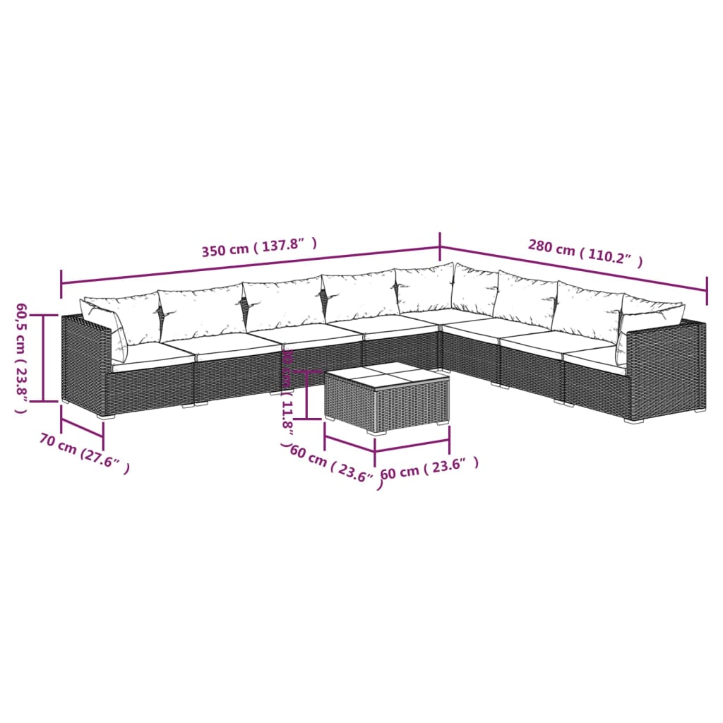 vidaXL 9-delige Loungeset met kussens poly rattan zwart