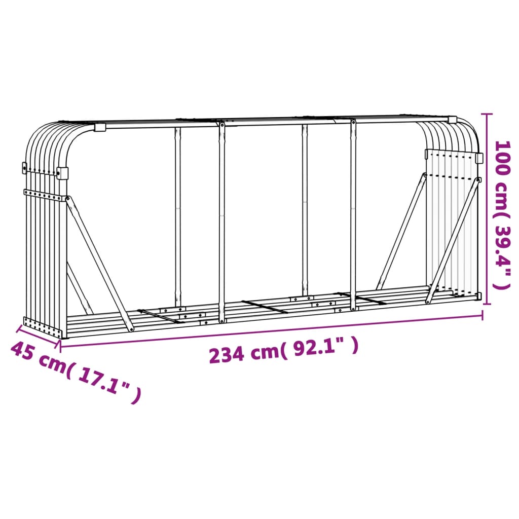 vidaXL Haardhoutopslag 234x45x100 cm gegalvaniseerd staal antraciet