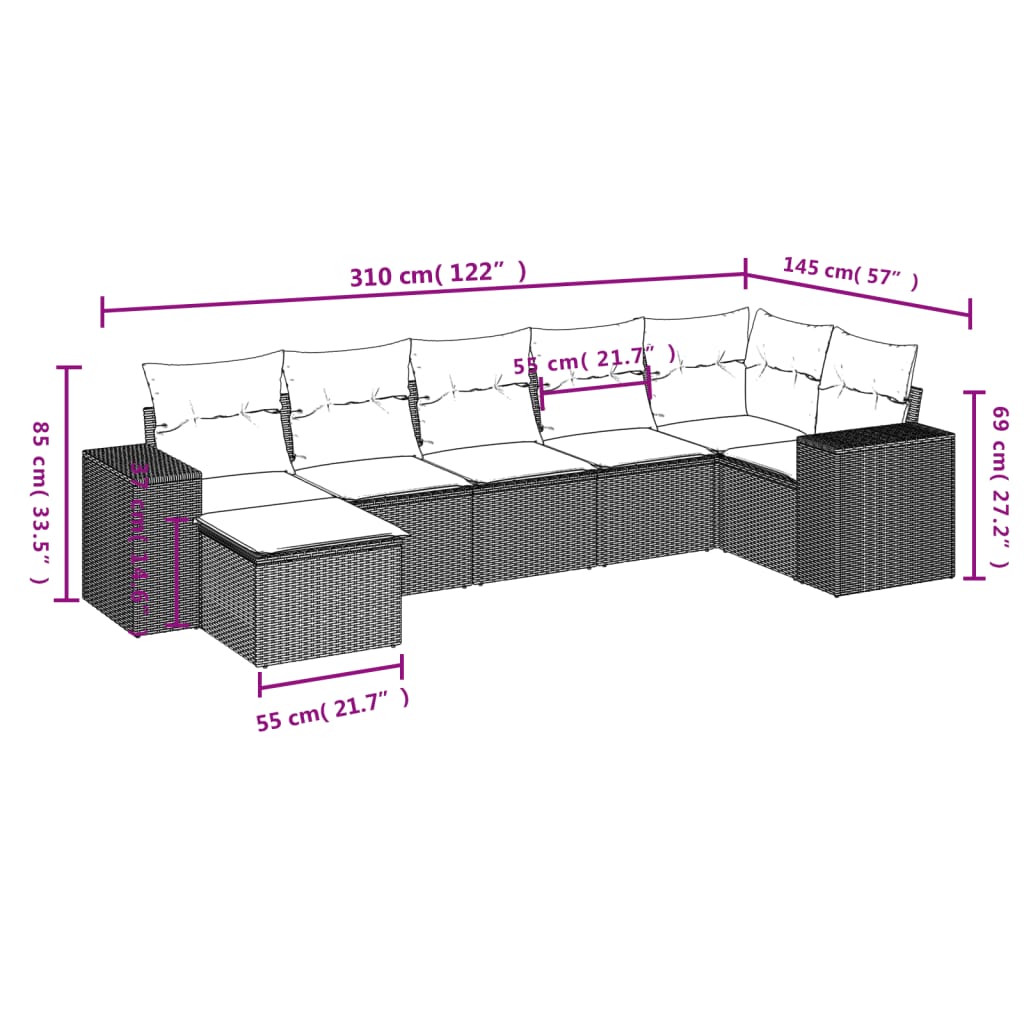 vidaXL 7-delige Loungeset met kussens poly rattan zwart