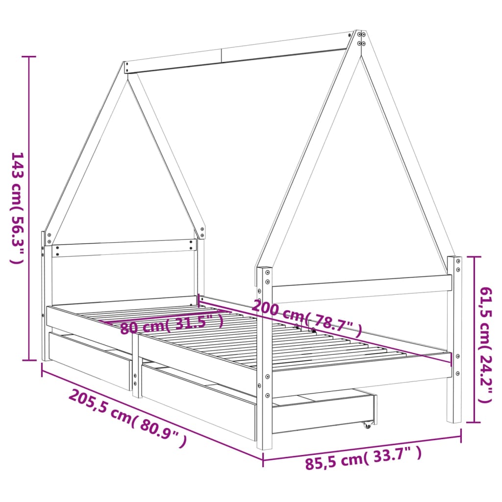 vidaXL Kinderbedframe met lades 80x200 cm massief grenenhout