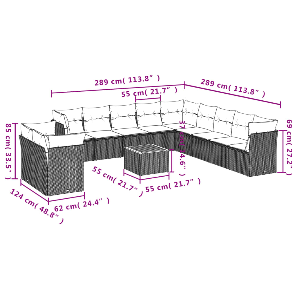 vidaXL 12-delige Loungeset met kussens poly rattan grijs