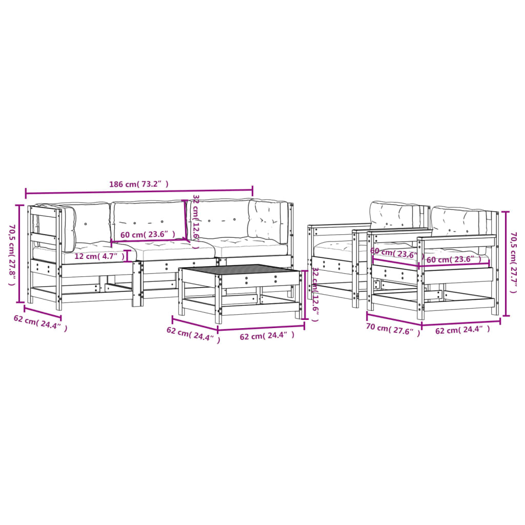 vidaXL 6-delige Loungeset met kussens massief hout zwart