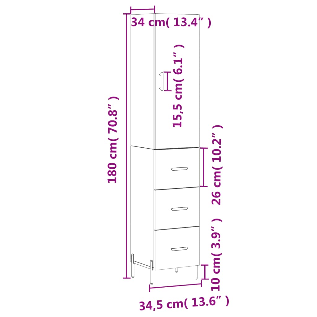 vidaXL Hoge kast 34,5x34x180 cm bewerkt hout wit