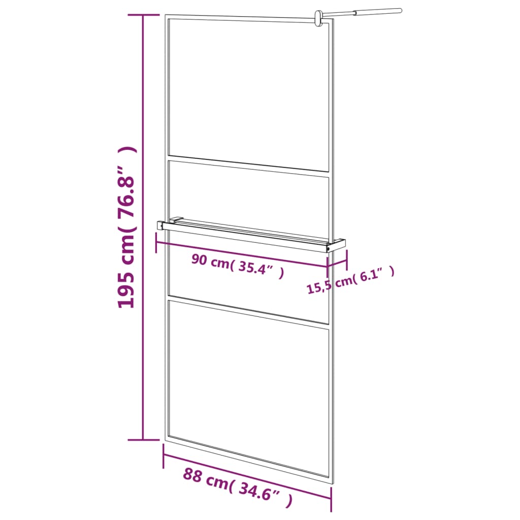 vidaXL Inloopdouchewand met schap 90x195 cm ESG-glas aluminium zwart