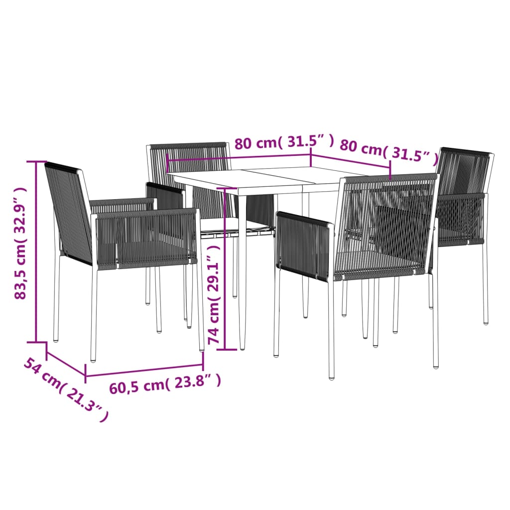 vidaXL 5-delige Tuinset met kussens poly rattan en staal zwart