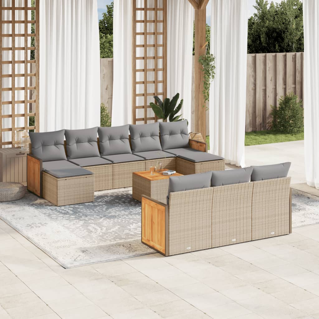 vidaXL 11-delige Tuinset met kussens poly rattan beige