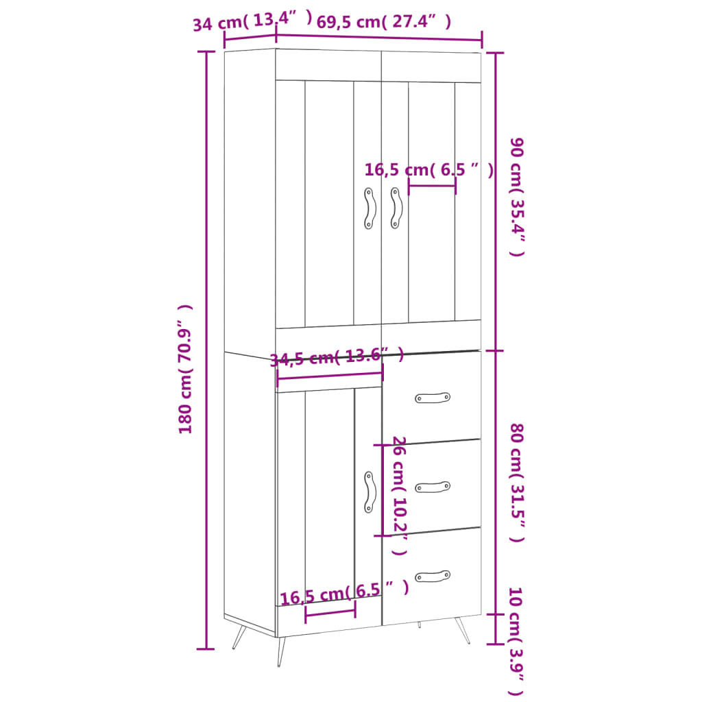 vidaXL Hoge kast 69,5x34x180 cm bewerkt hout bruin eikenkleur