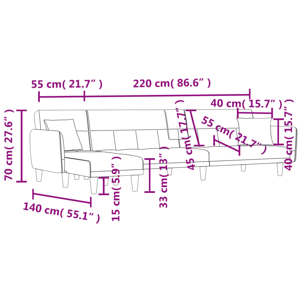 vidaXL Slaapbank L-vormig 275x140x70 cm stof donkergrijs