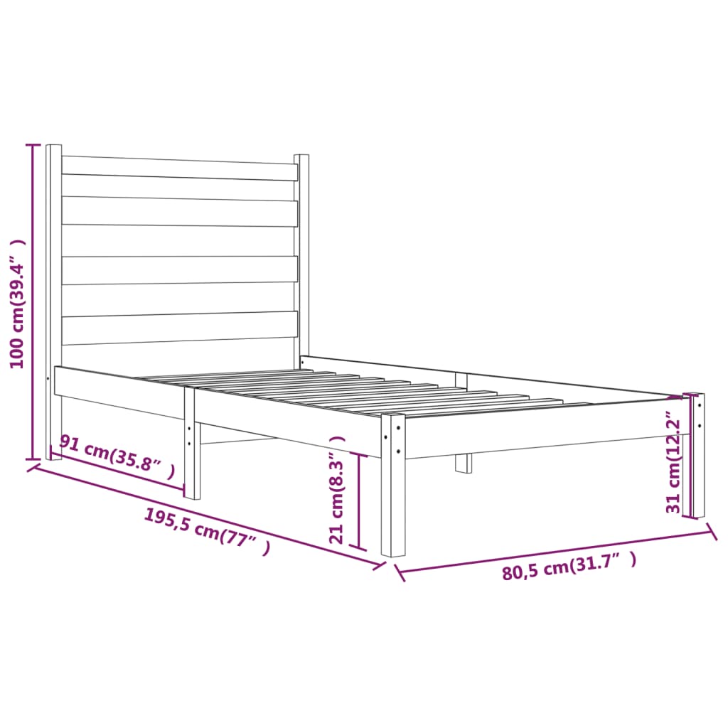 vidaXL Bedframe massief grenenhout zwart 75x190 cm