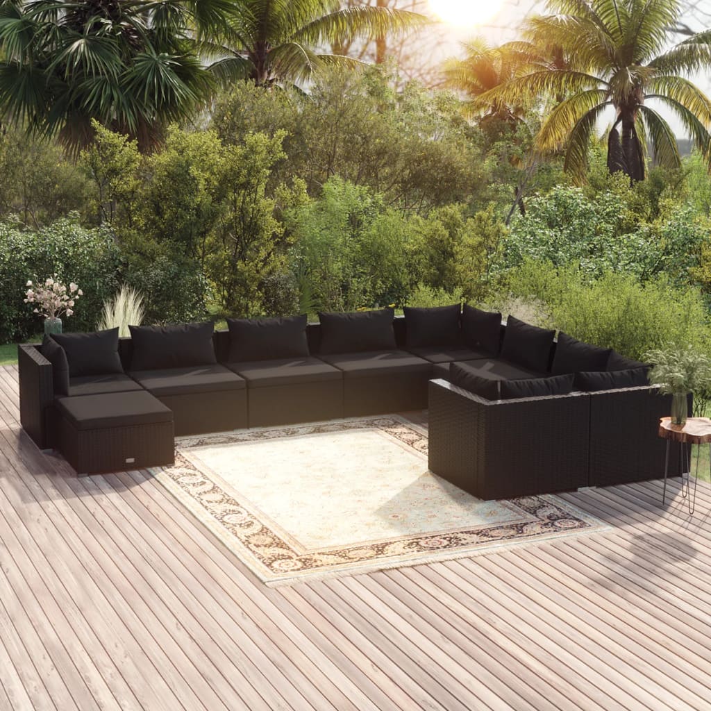 vidaXL 10-delige Loungeset met kussens poly rattan zwart