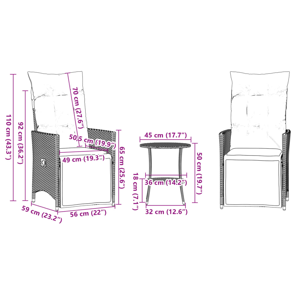 vidaXL 3-delige Bistroset met kussens poly rattan zwart