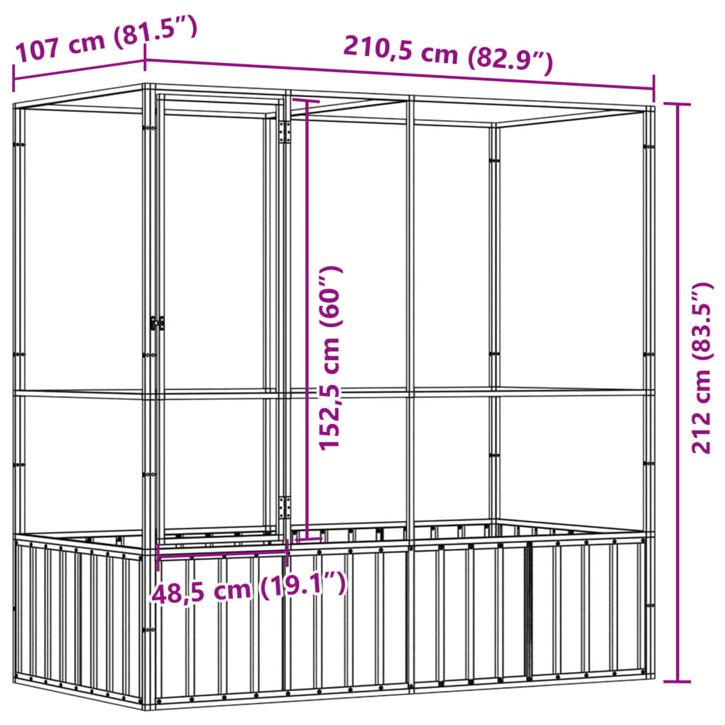 vidaXL Volière 210,5x107x212 m staal zilverkleurig