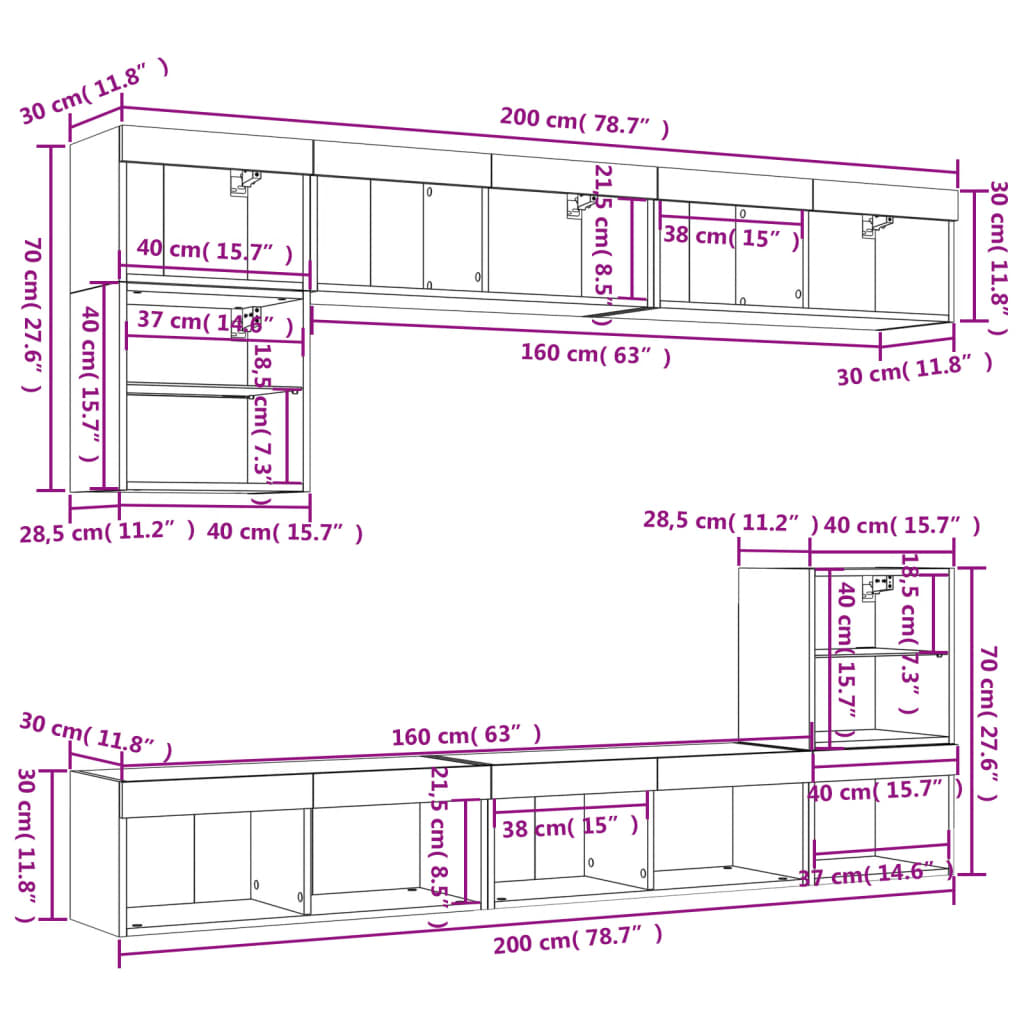 vidaXL 8-delige Tv-wandmeubelset met LED-verlichting bewerkt hout wit