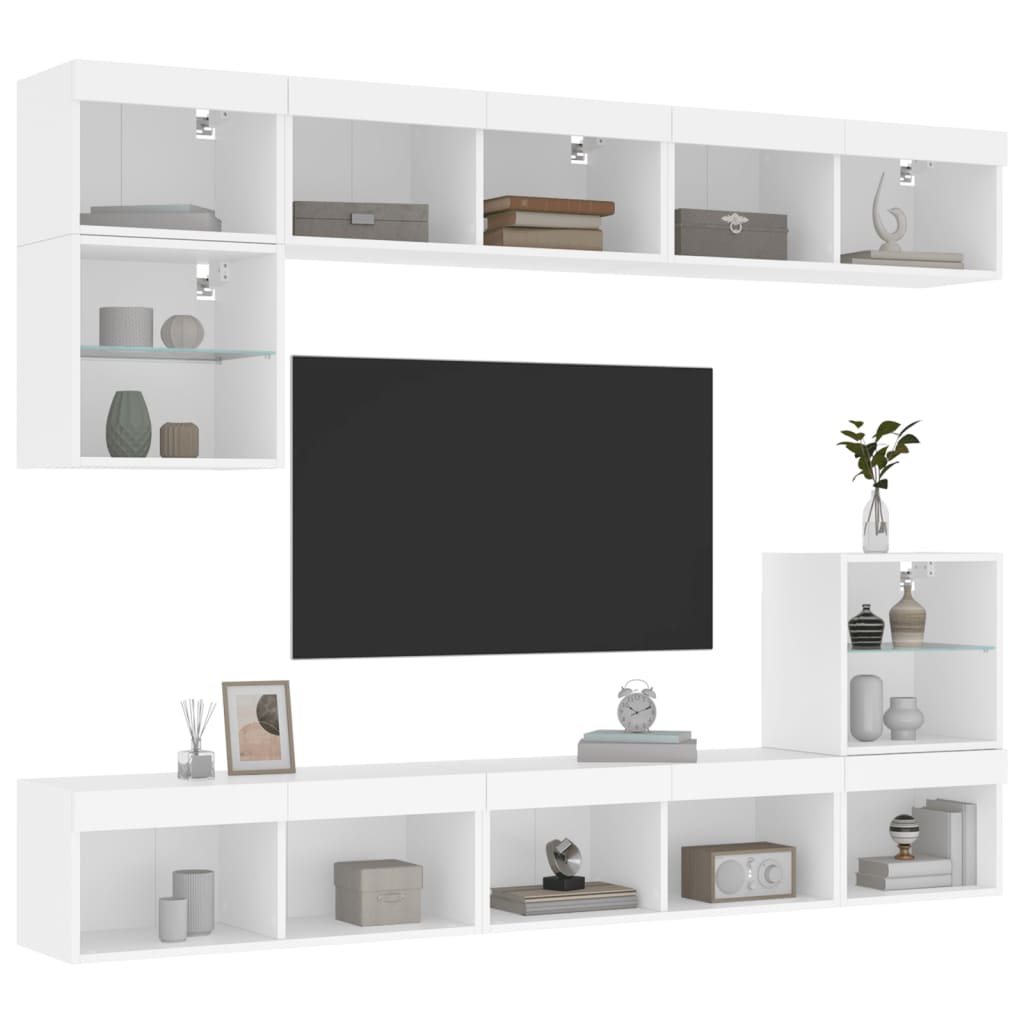 vidaXL 8-delige Tv-wandmeubelset met LED-verlichting bewerkt hout wit