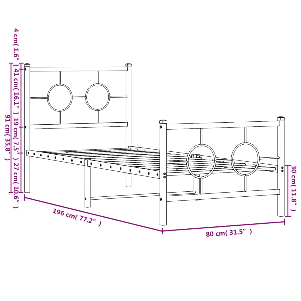 vidaXL Bedframe met hoofd- en voeteneinde metaal zwart 75x190 cm