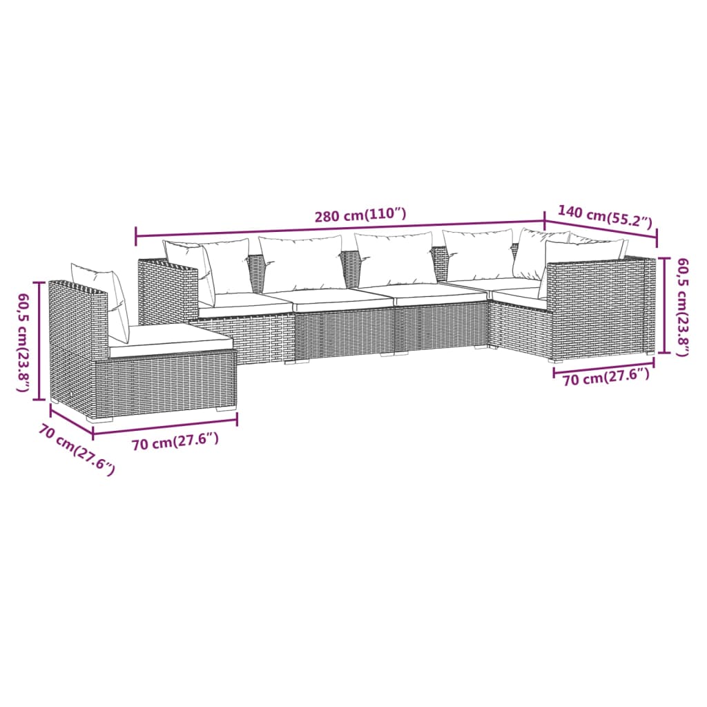 vidaXL 6-delige Loungeset met kussens poly rattan zwart