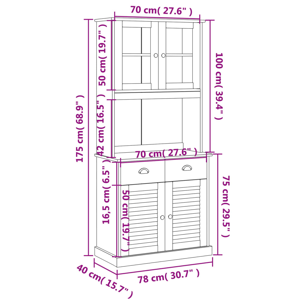 vidaXL Hoge kast VIGO 78x40x175 cm massief grenenhout wit